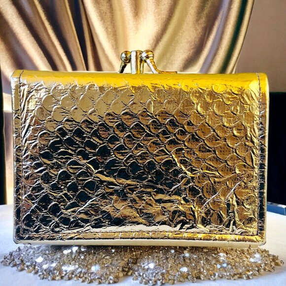Vintage Gold Leather Wallet Trifold Textured Coin Purse Top Grain Cowhide NEW